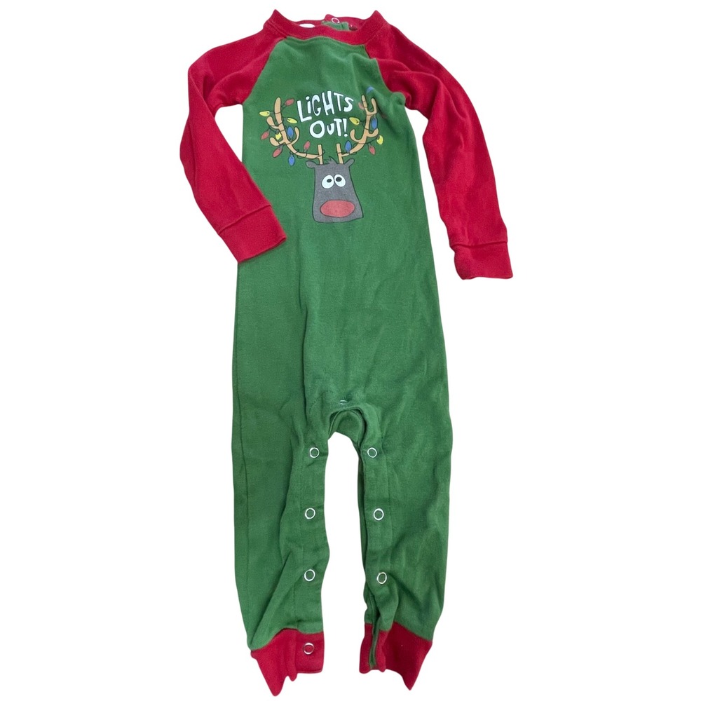 Lazy One Kids Union Suit‎ Pajamas 12M Christmas Reindeer Lights Out Green Red